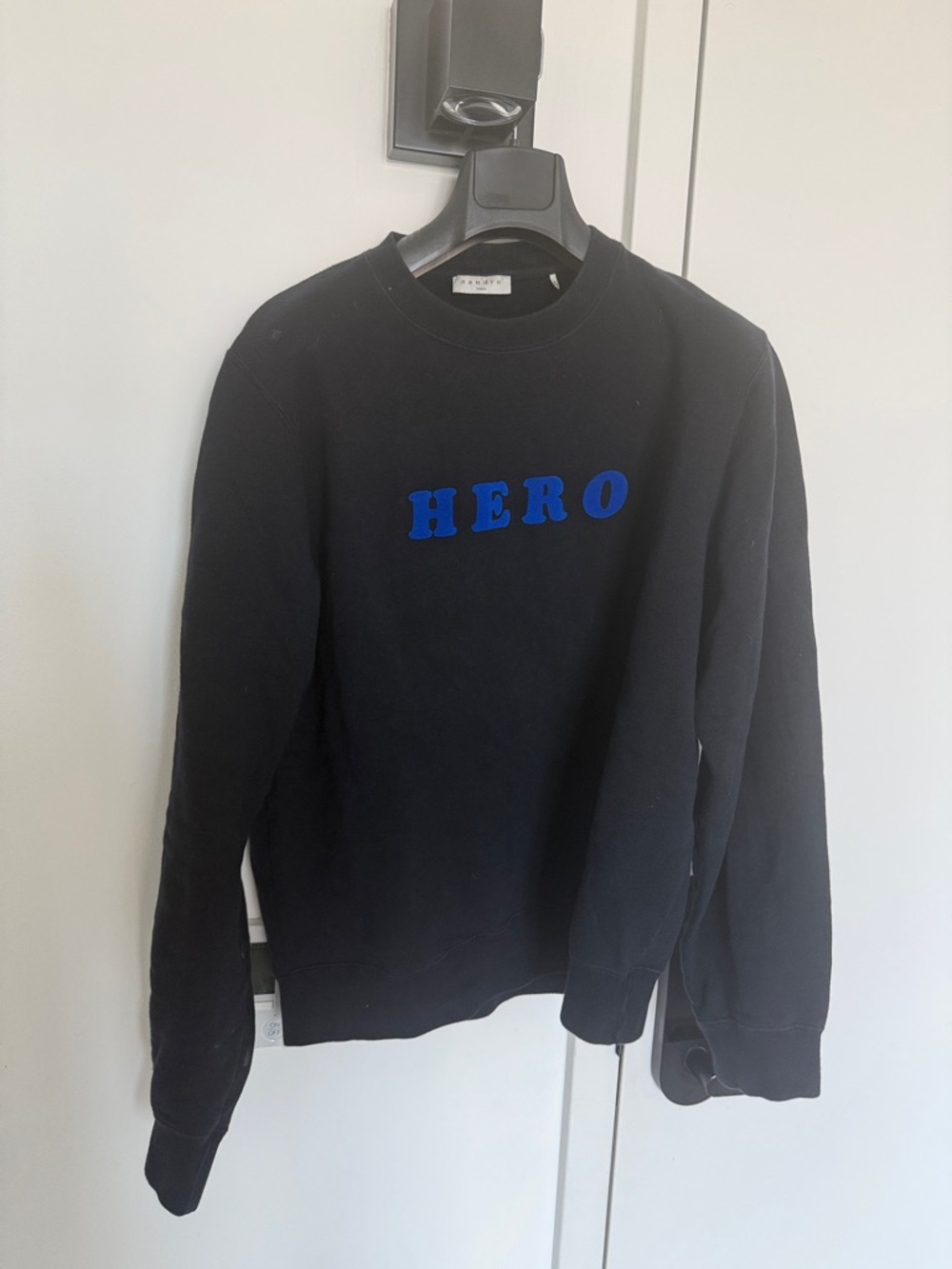 Sandro Black Crewneck Sweatshirt with Blue "HERO" Lettering